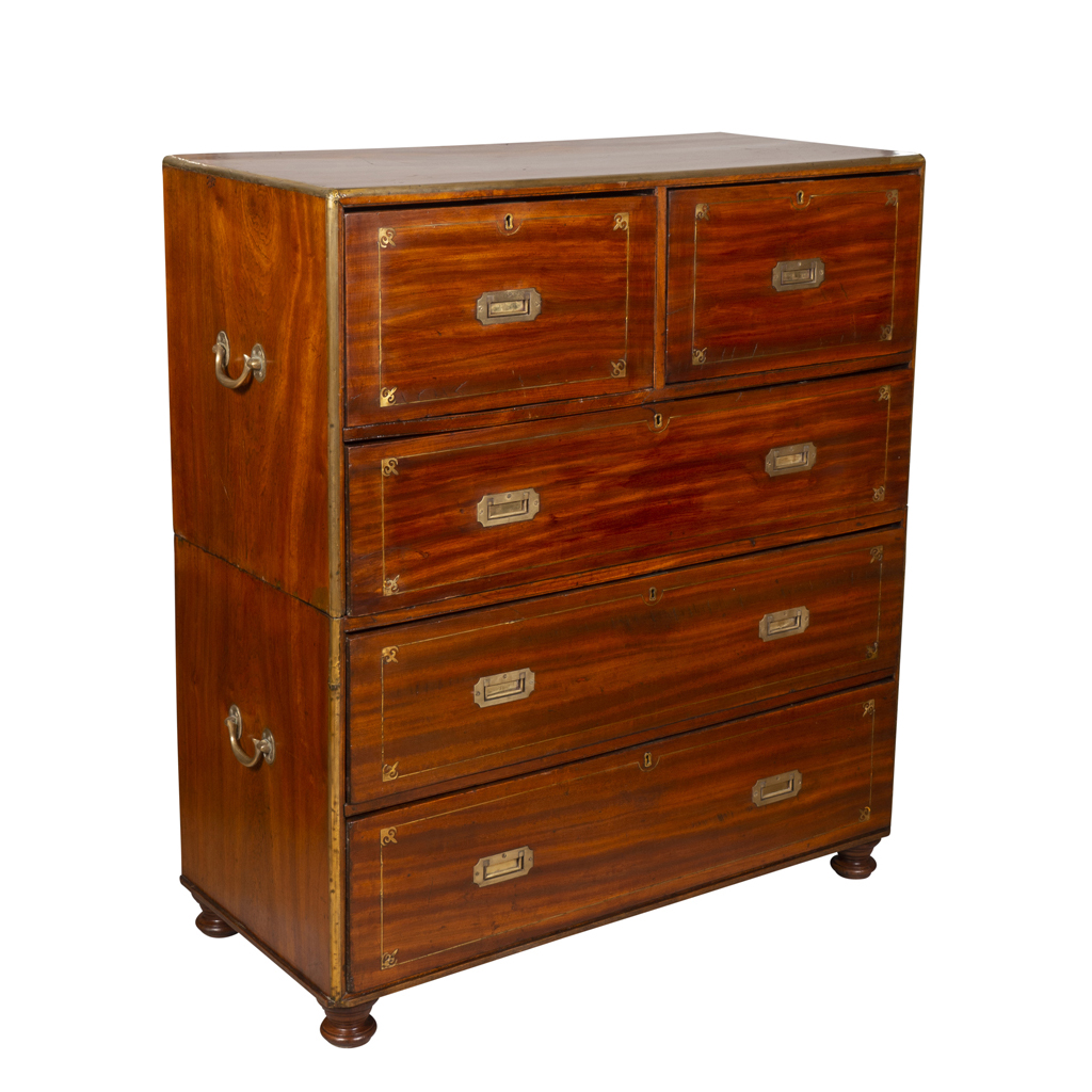 Chinese Export Mahogany and Brass Inlaid Campaign Chest