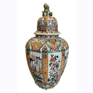 Delft Polychrome Decorated Melon Form Covered Vase