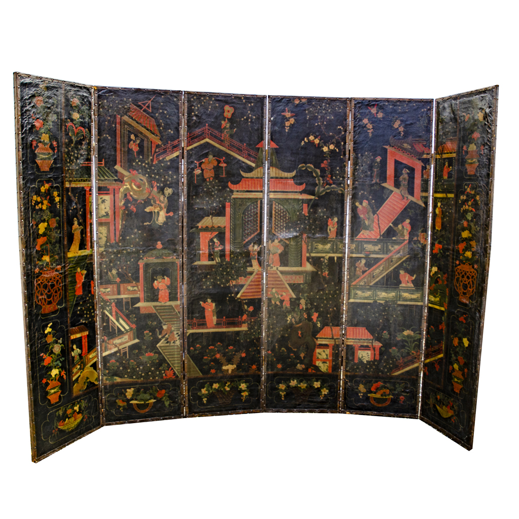 Dutch Four Panel Chinoiserie Decorated Leather Screen