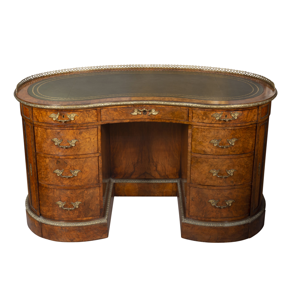 Fine Early Victorian Burl Walnut Kidney Shaped Desk