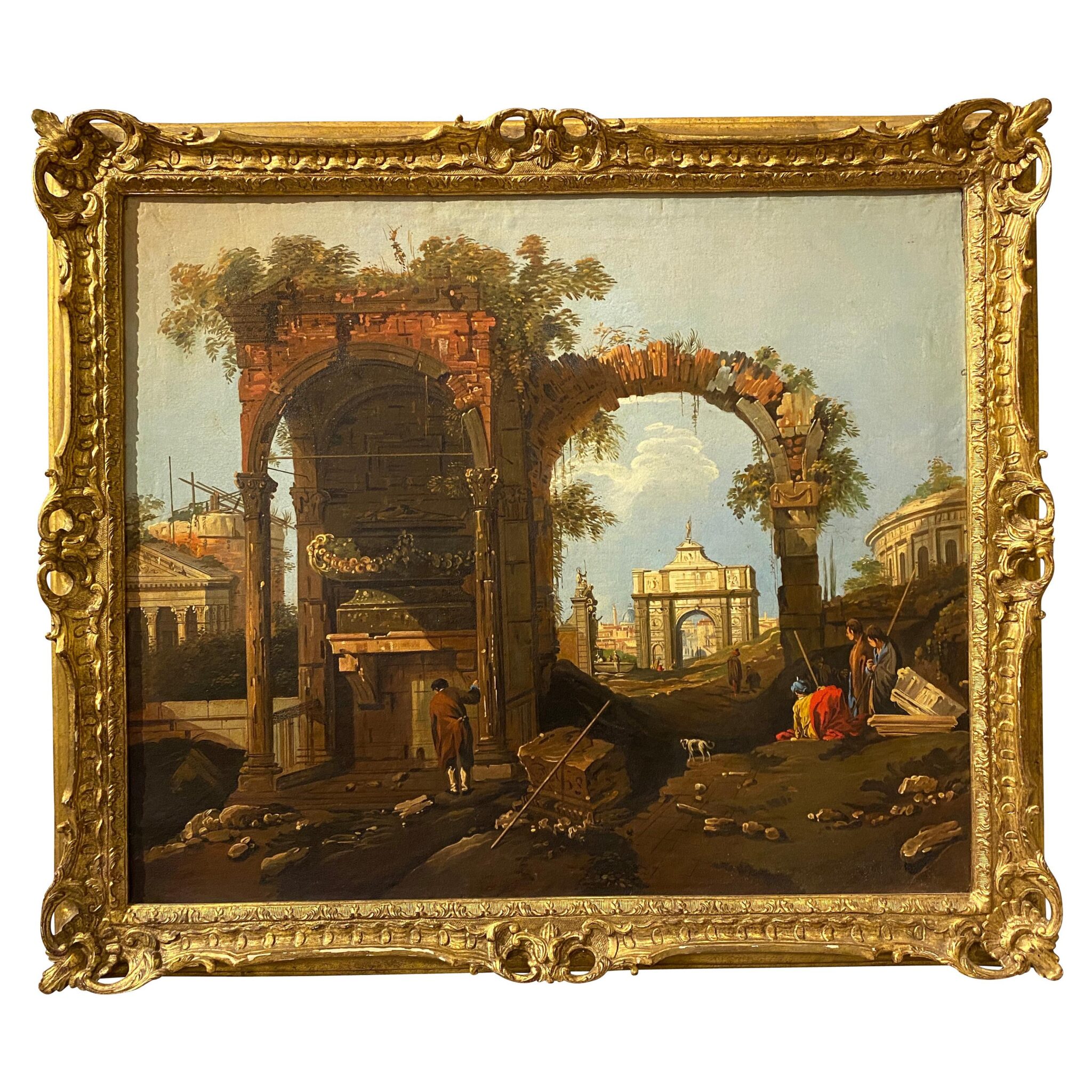 Framed Italian Capriccio Oil on Canvas