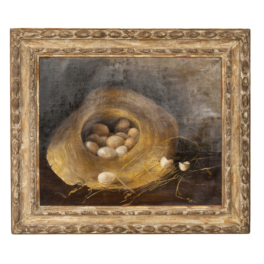 Framed Oil On Canvas Eggs In A Straw Hat