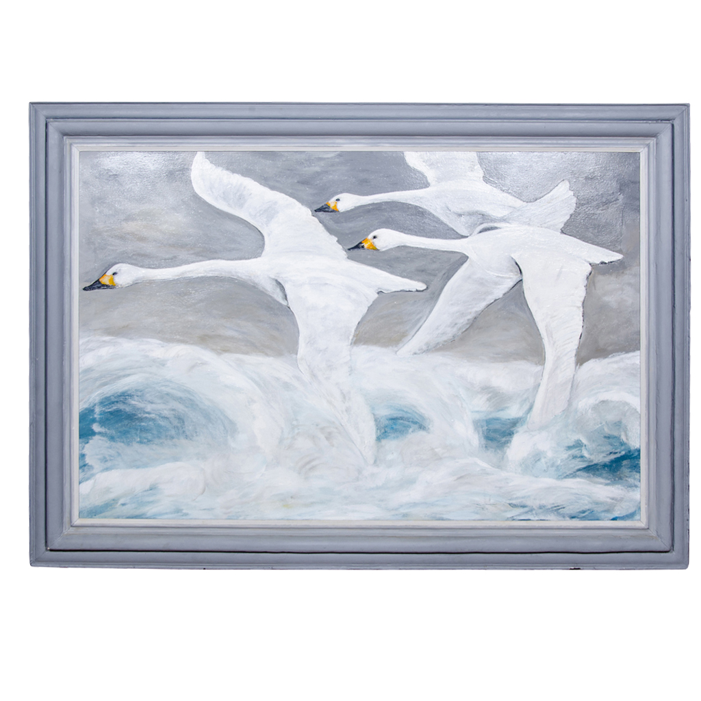 William Chewning Oil on Canvas Painting of Flying Swans