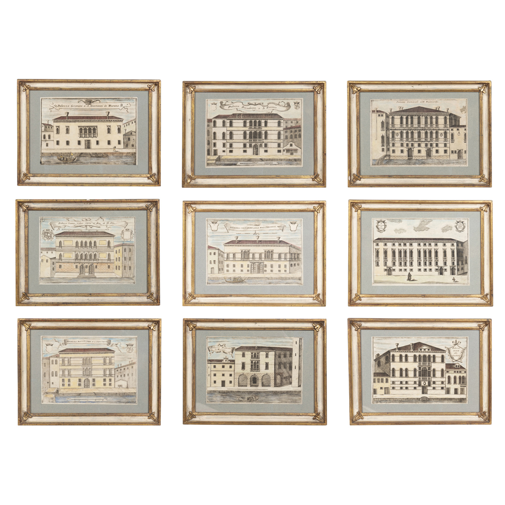 Group of Nine Framed Colored Engravings of Venetian Palazzos