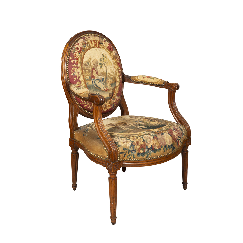 Louis XVI Walnut Fauteuil with Beauvais Tapestry Upholstery