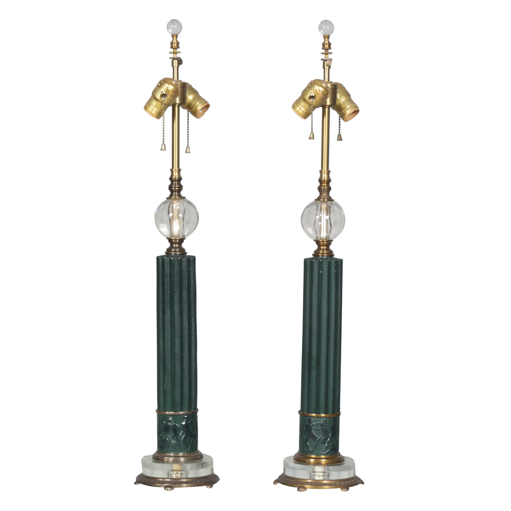 Pair Of Art Deco Glass and Metal Table Lamps