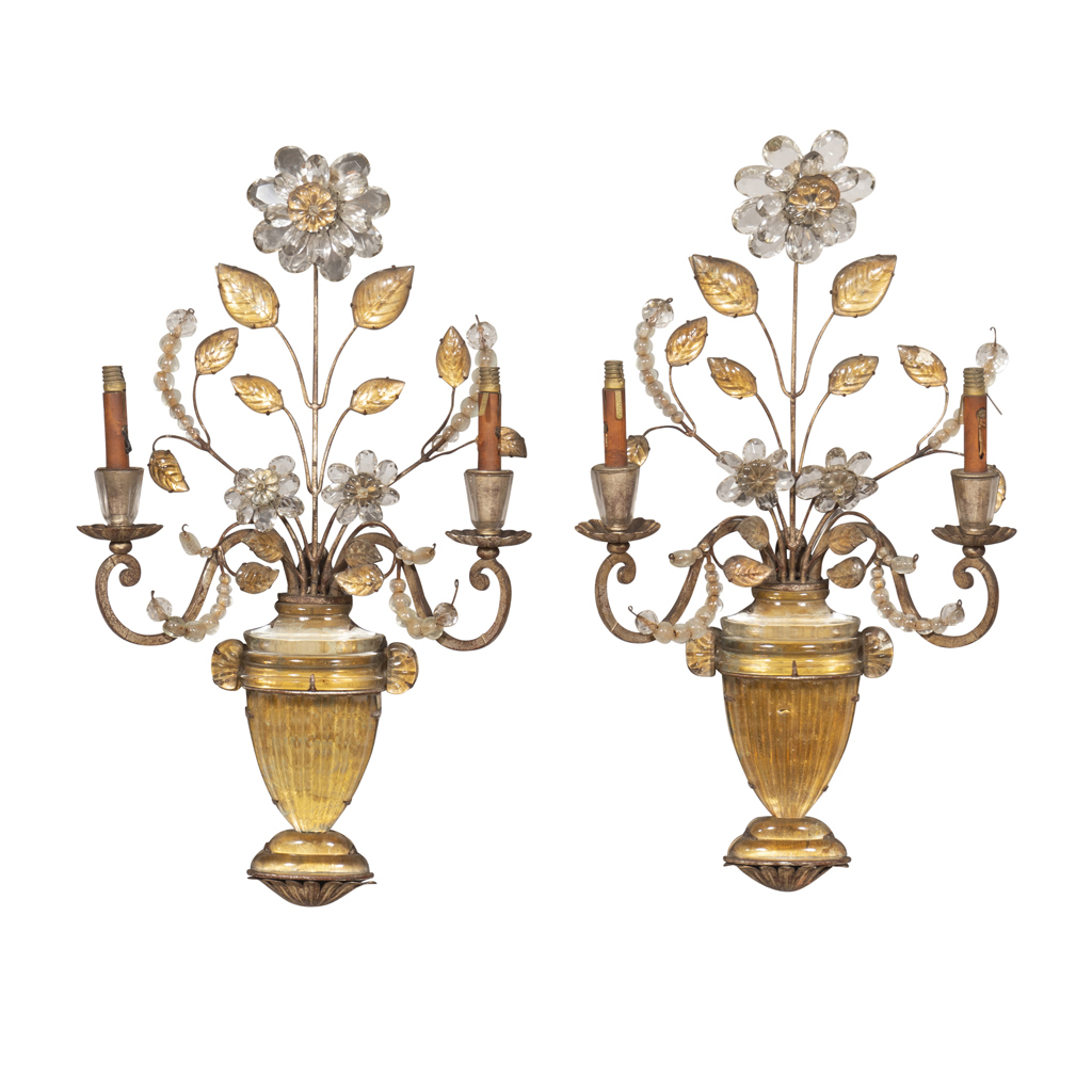 Pair Of Maison Bagues Rock Crystal And Glass Wall Sconces
