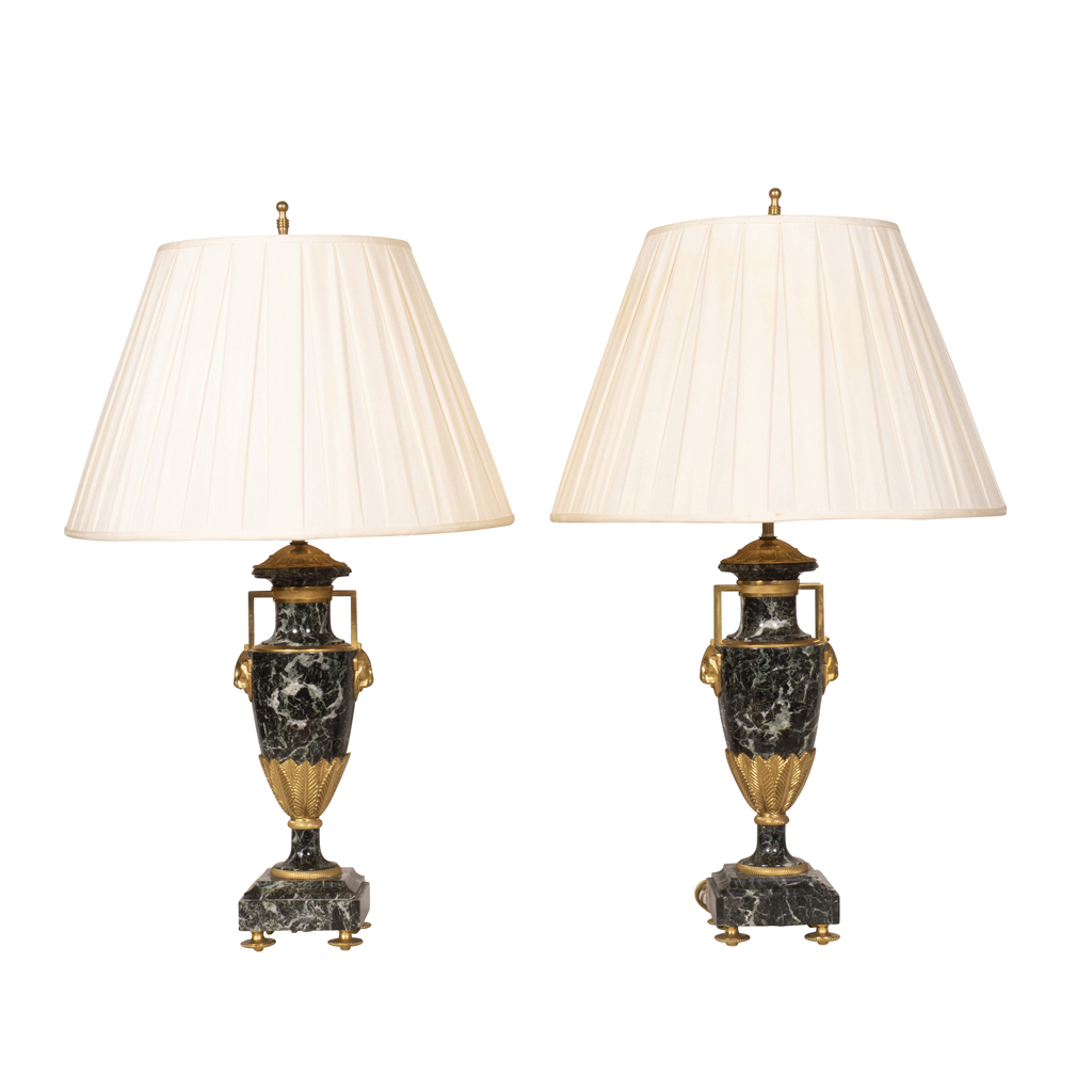 Pair of Directoire Style Antico Verde Marble and Gilt Bronze Table Lamps