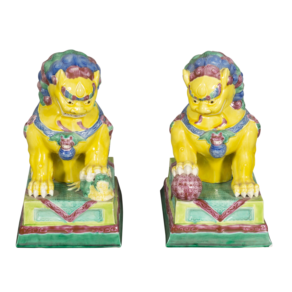 Pair of European Porcelain Figures of Chinese Guardian Lions