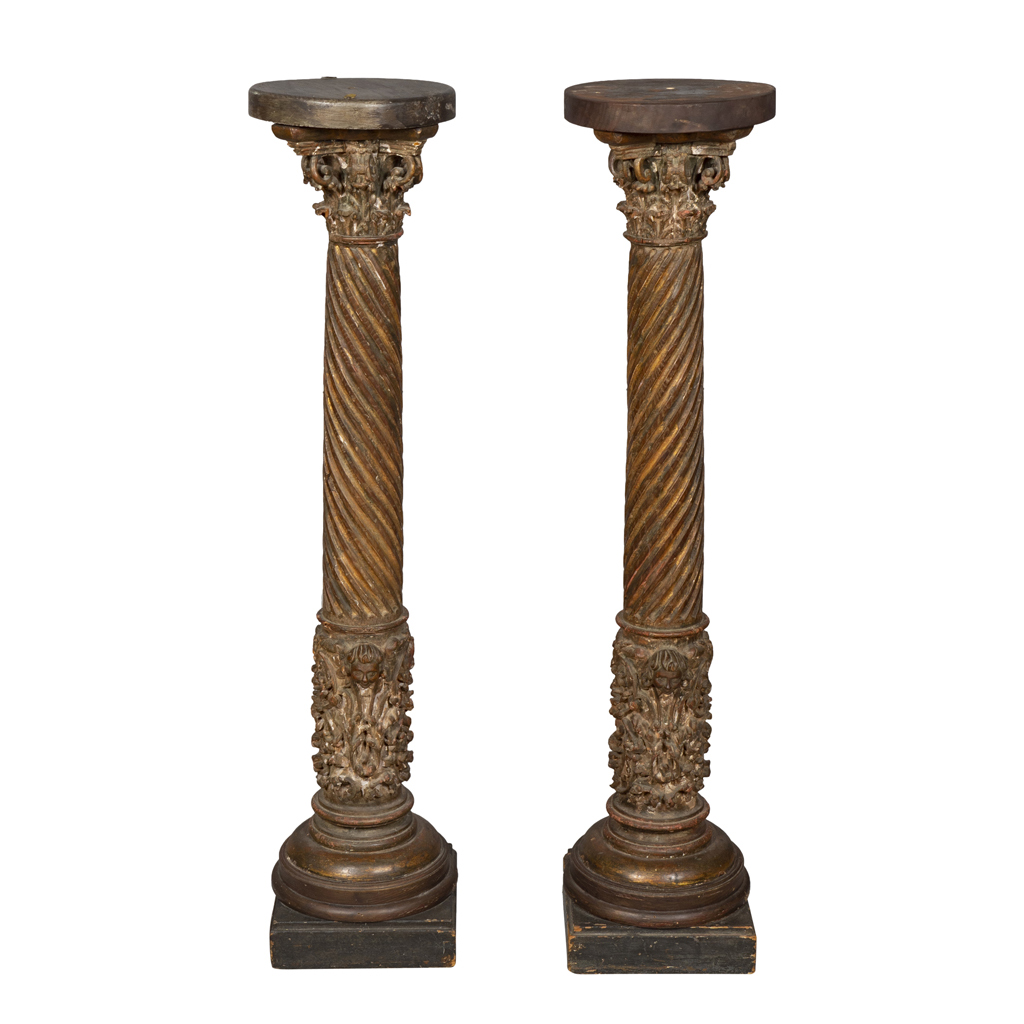Pair of Italian Baroque Carved Painted and Gilded Columns