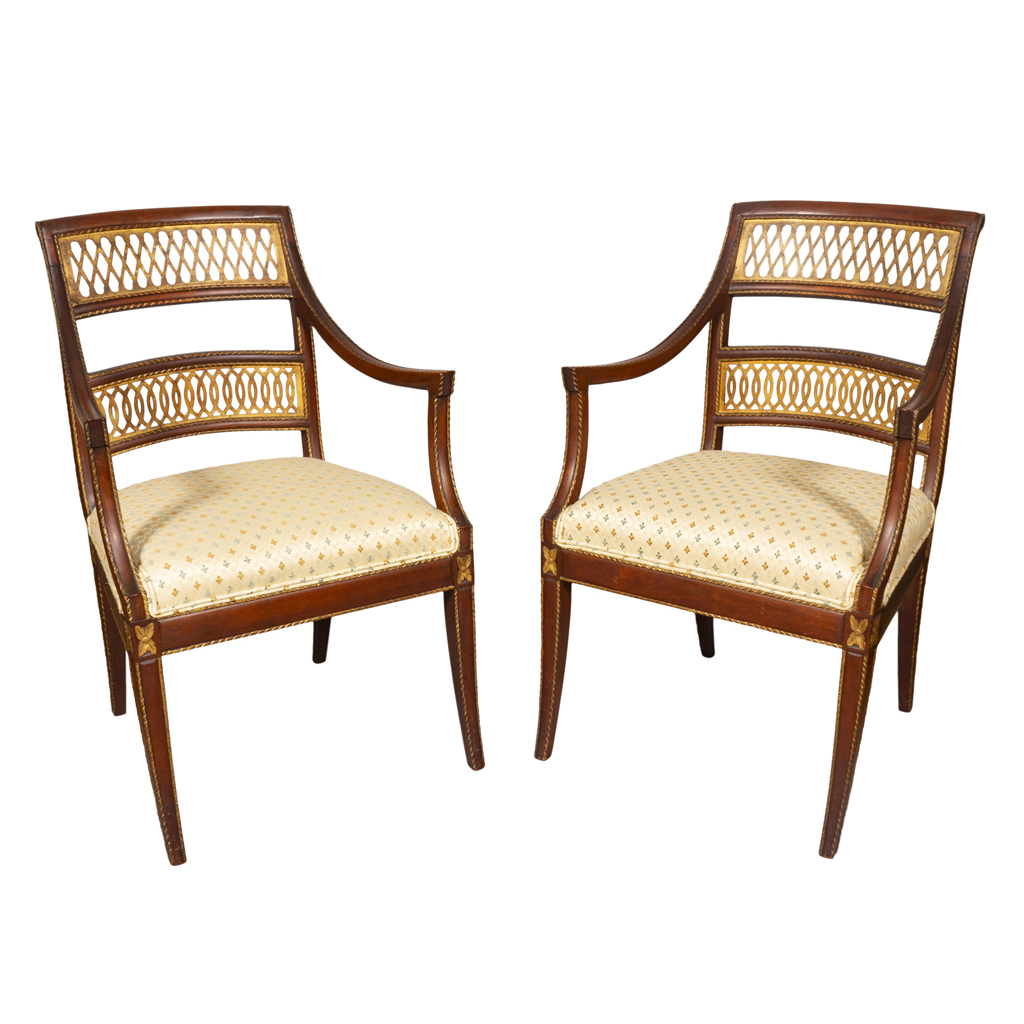 Pair of Italian Neoclassic Style Walnut Armchairs