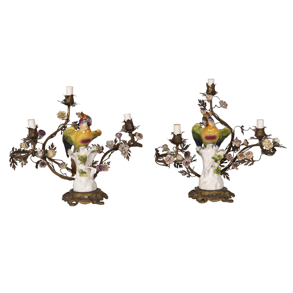 Pair of Louis XV Style Porcelain and Bronze Candelabra