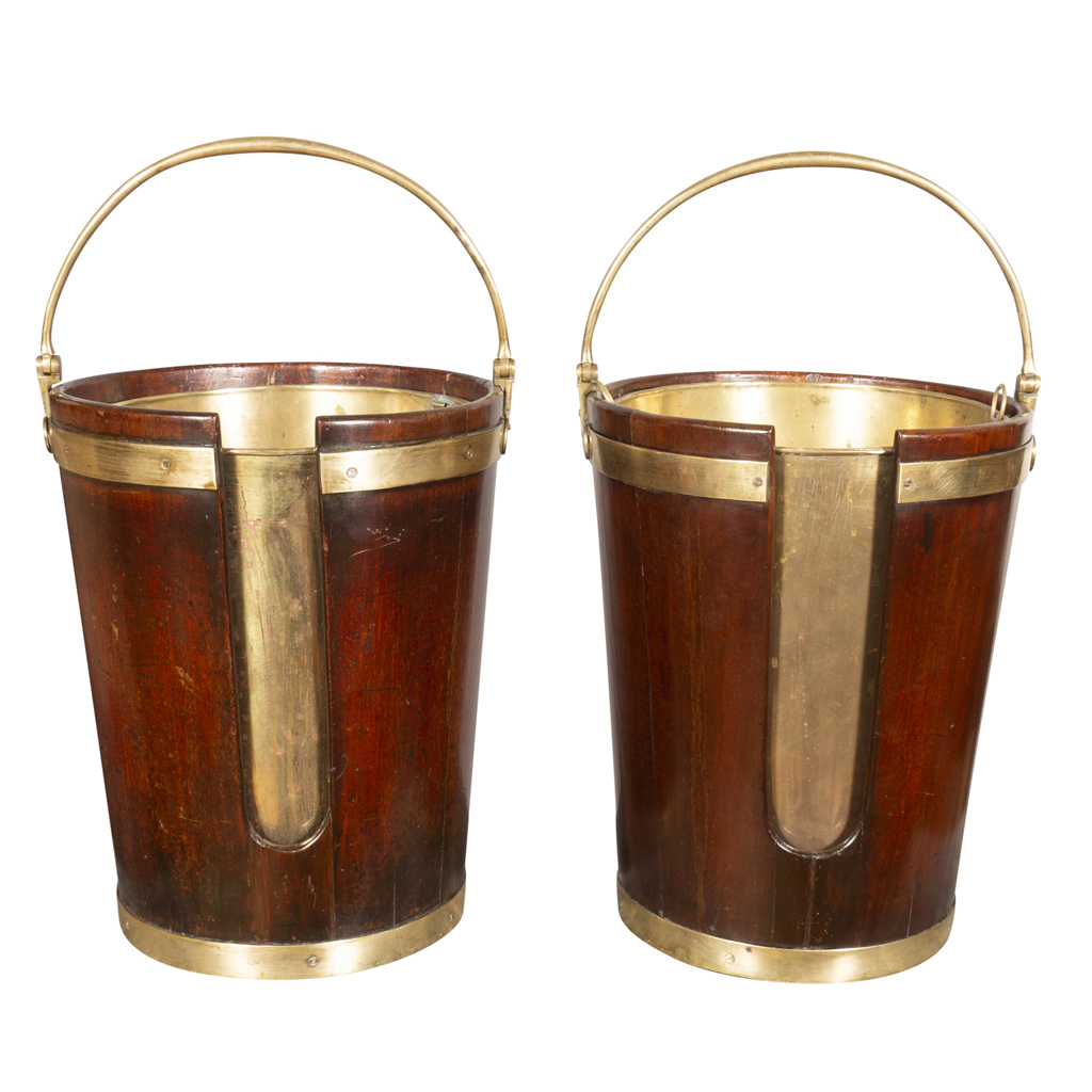 Pair of Regency Mahogany and Brass Banded Plate Buckets