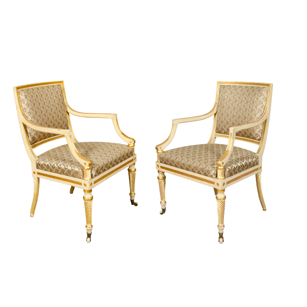Pair of Regency Painted and Gilded Armchairs