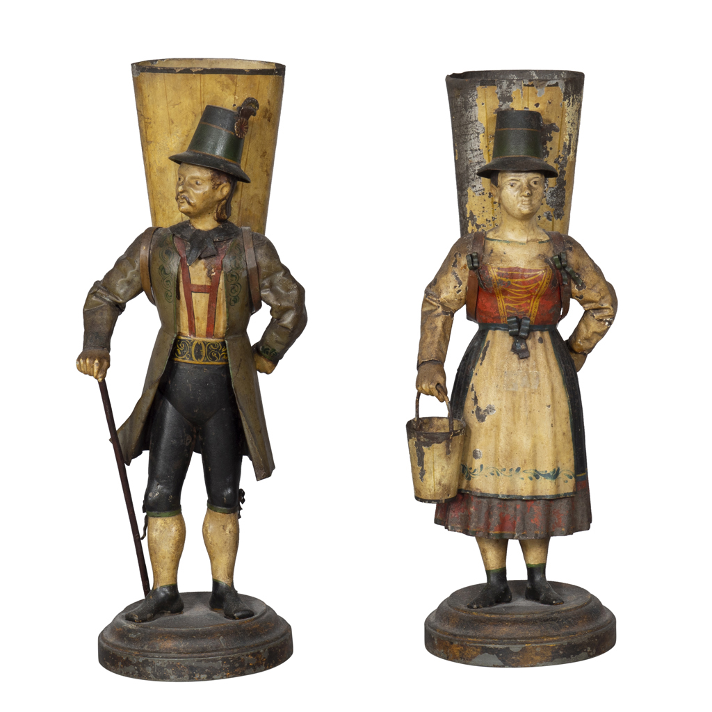 Pair of Tyrolean Tole Figural Vases