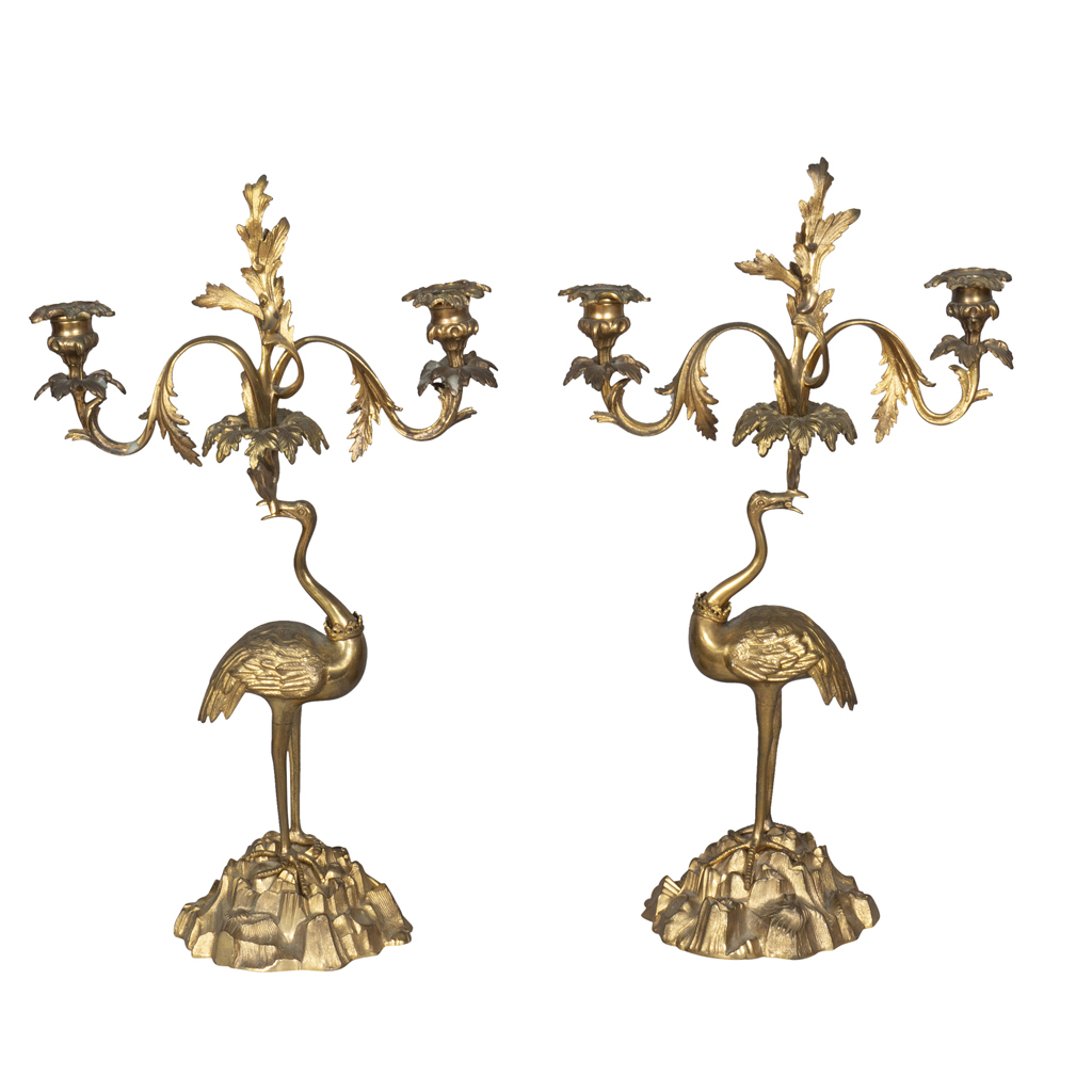 Pair of Victorian Bronze Two Arm Candelabra in the Form of Cranes by Abbott