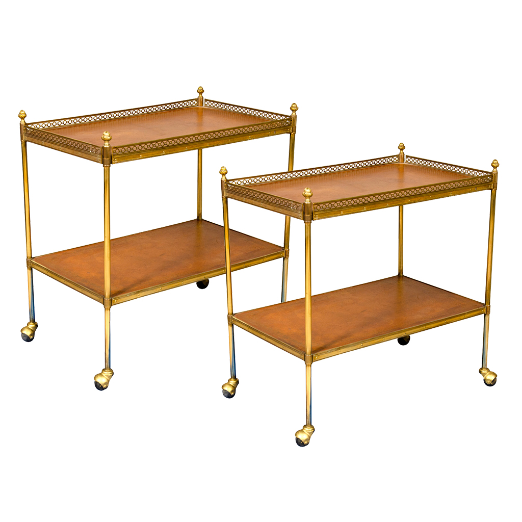 Pair of Vintage Brass and Leather End Tables