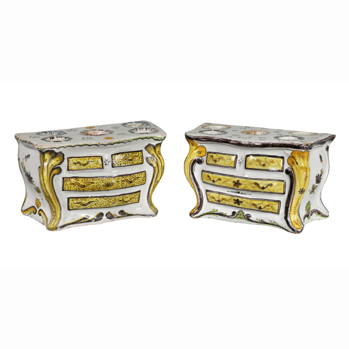 Pair of French Faience Bough Pots in the Form of Commodes