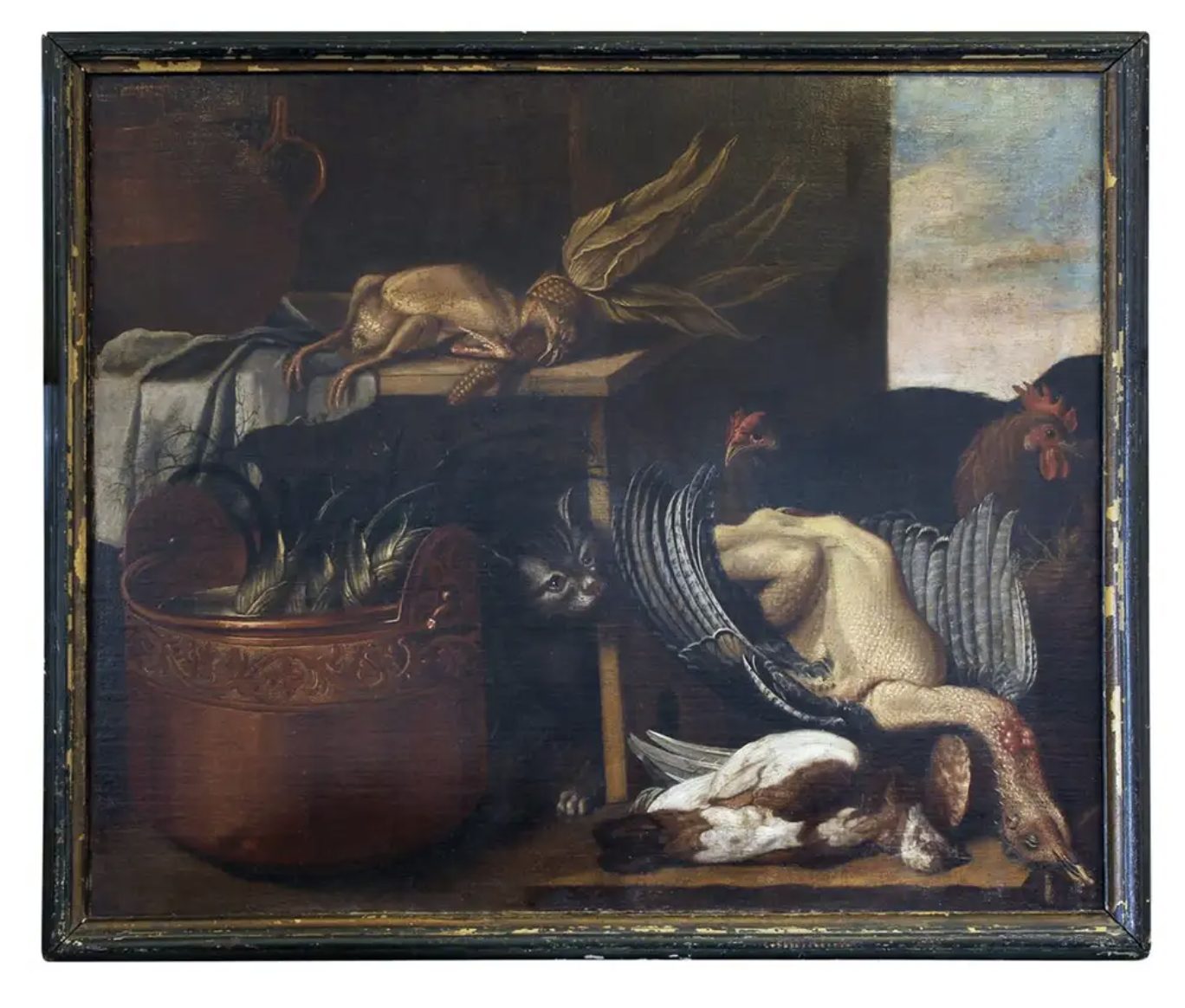 italian still life painting with cat and game