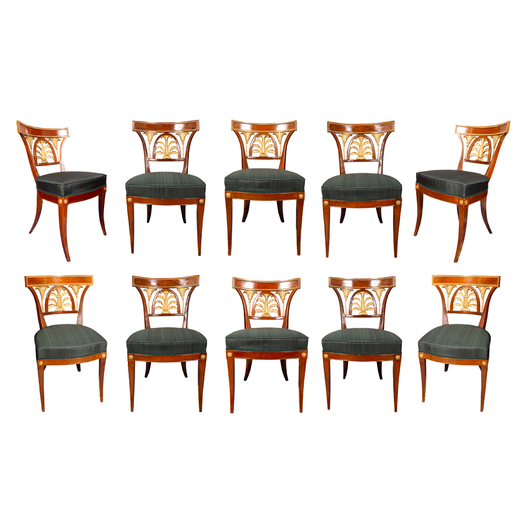 Set Of Ten Baltic Neoclassical Mahogany And Giltwood Dining Chairs