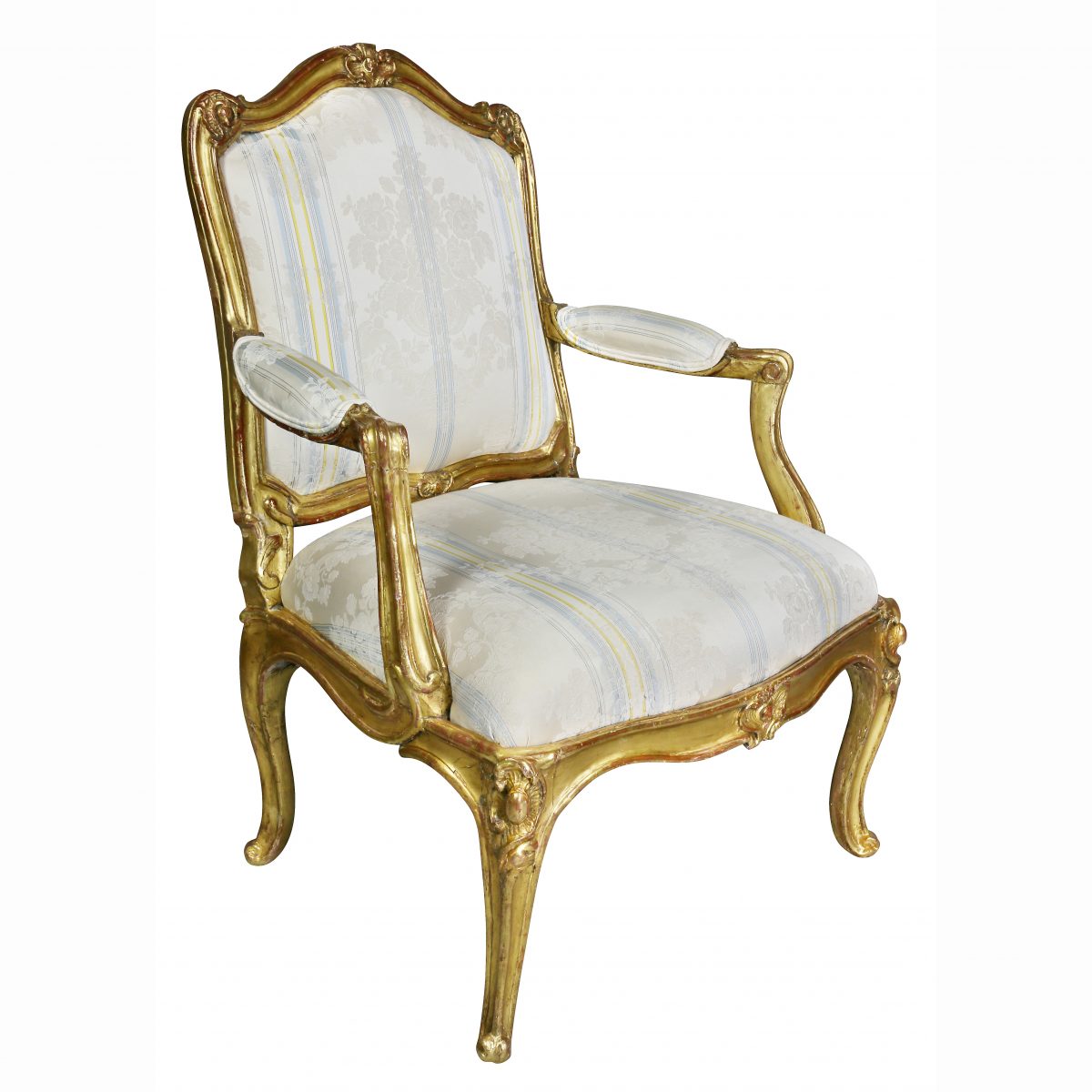 Giltwood Louis XV fauteuil (armchair) with neoclassical details 1765 (via  Mallett Antiques)