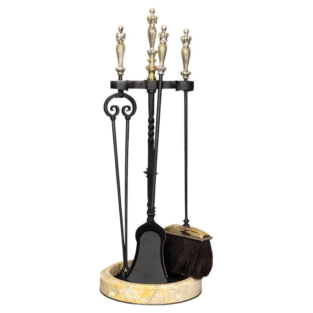 Set of Three Silvered Bronze Fire Tools and Marble Stand
