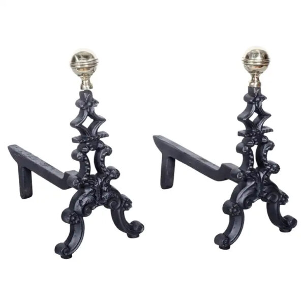 Pair of American Victorian Brass and Cast Iron Andirons