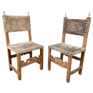 Pair of Spanish Baroque Embossed Leather Side Chairs