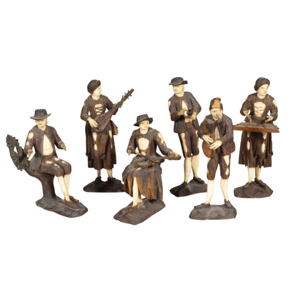 Set Of Six Italian Carved Wood and Bone Peasant Musicians