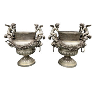 Pair Of Classical Style Silvered Metal Garden Urns