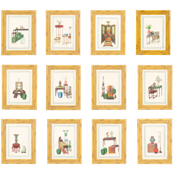 Set Of Twelve Chinese Framed Pith Paper Watercolors