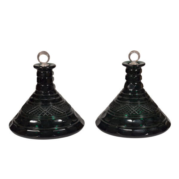 Pair Of Emerald Green Cut Glass Ships Decanters