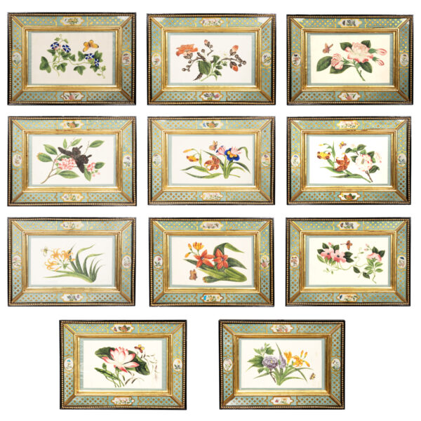 Set Of Eleven Chinese Watercolors on Rice Paper with Eglomise Frames