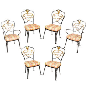 Set Of Six Wrought Iron and Brass Dining Chairs with Fox Hunting Theme