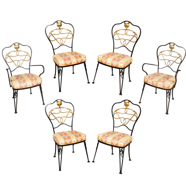 Set Of Six Wrought Iron and Brass Dining Chairs with Fox Hunting Theme