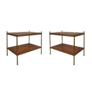 Pair Of Mid-Century Brass and Leather Two Tier End Tables