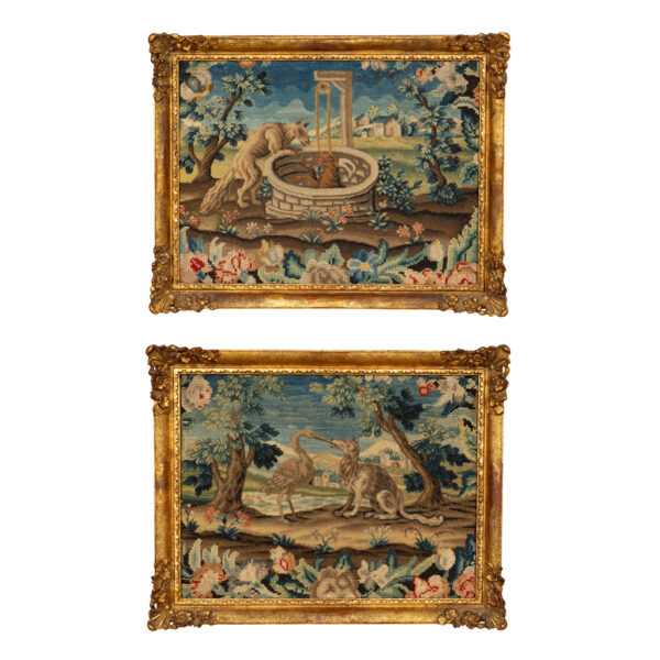 Pair-Of-Framed-Needlepoint-Pictures-Depicting-Scenes-From-Aesops-Fables