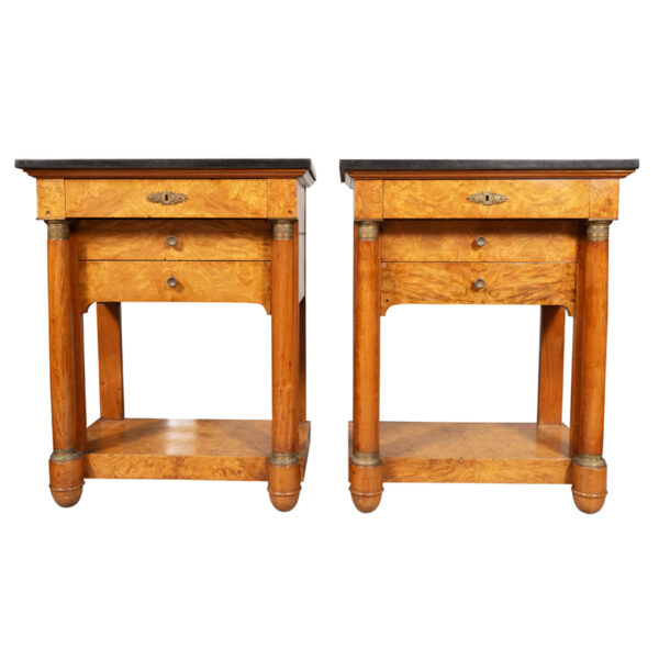 Pair Of Empire Style Burl Walnut Bedside Tables