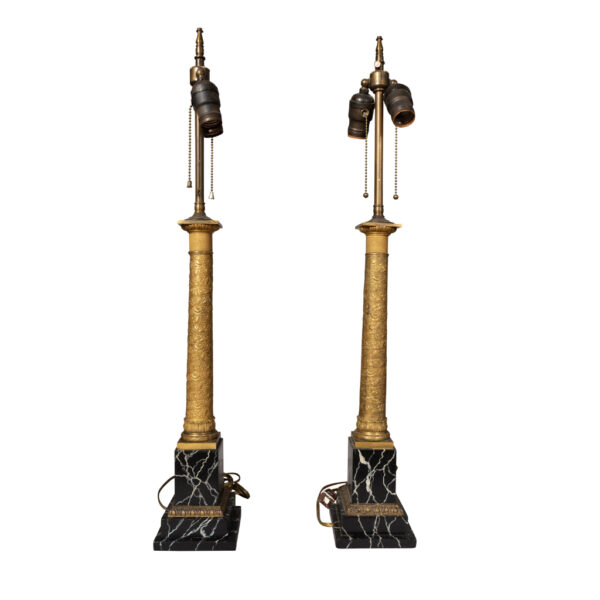 Pair Of French Empire Bronze and Faux Marble Table Lamps