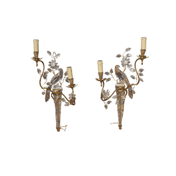 Pair Of Maison Bagues Parrot Form Crystal and Gilt Metal Wall Sconces