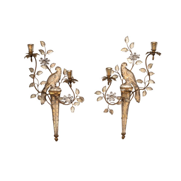 Pair Of Maison Bagues Parrot Form Crystal and Gilt Metal Wall Sconces